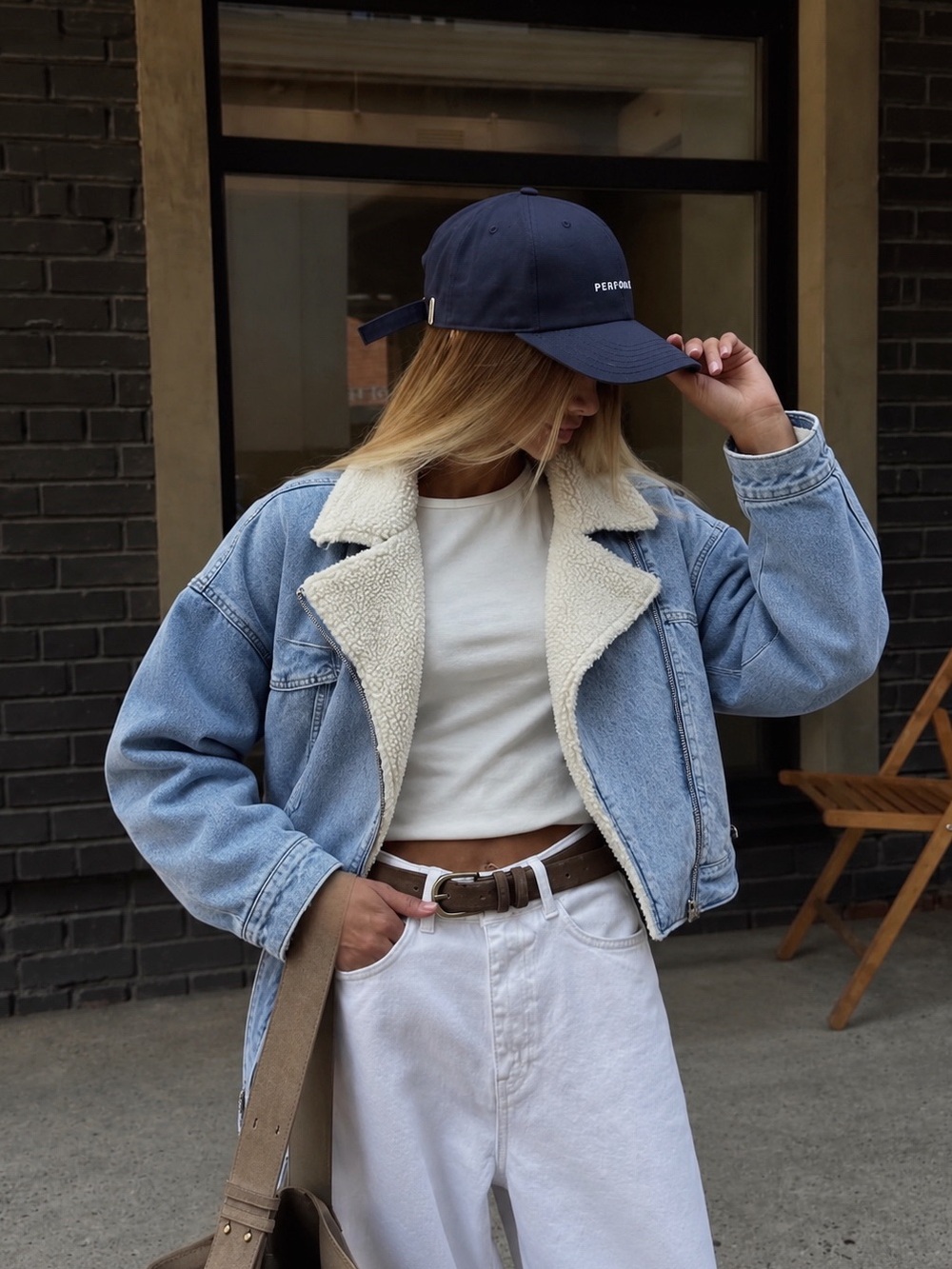 Garage Woman Blue Denim Sherpa Moto Jean Jacket MEDIUM Boho Country Folk Cozy